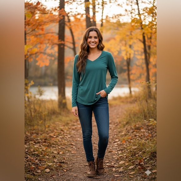 Natural Reflections Teal Longsleeve V-Neck Top Small - Picture 5 of 5